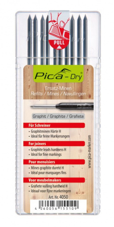 PICA-MARKER 4050 К-т грифелей для карандаша Pica - Dry (10 шт графитовые, твердость H) в кейсе
