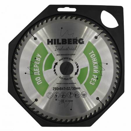 Диск пильный Hilberg Industrial Дерево тонкий рез 250*32/30*64Т HWT259