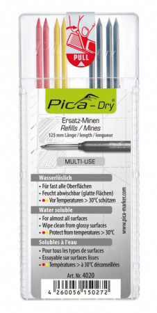 PICA-MARKER 4020 К-т грифелей для карандаша Pica - Dry (4 темных, 2 красных, 2 желтых) в кейсе