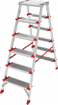 Профессиональная двухсторонняя анодированная стремянка со ступенями 130 мм и складной площадкой 350×260 мм NV 3127А артикул 3127206A
