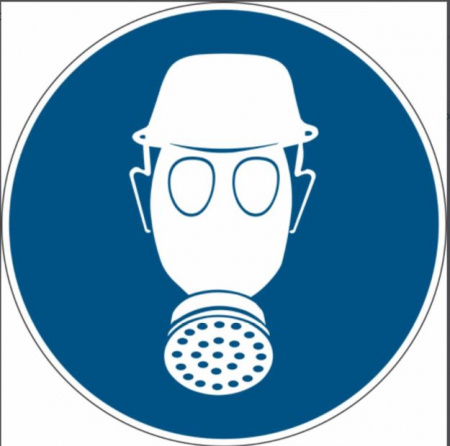 Предписывающий знак безопасности "Работать в средствах индивидуальной защиты органов дыхания и каске"