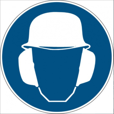 Предписывающий знак безопасности "Работать в защитных наушниках и каске"