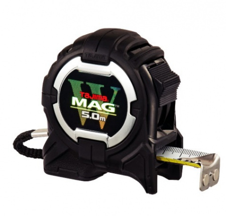 Рулетка с магнитным корпусом и зацепом W-MAG 5м/25мм, цвет черный, обрезин.корпус TAJIMA WM550MRD215K