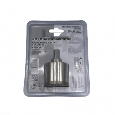 Коронка алмазная по керамике и кафелю с центрирующим сверлом 45мм 400045